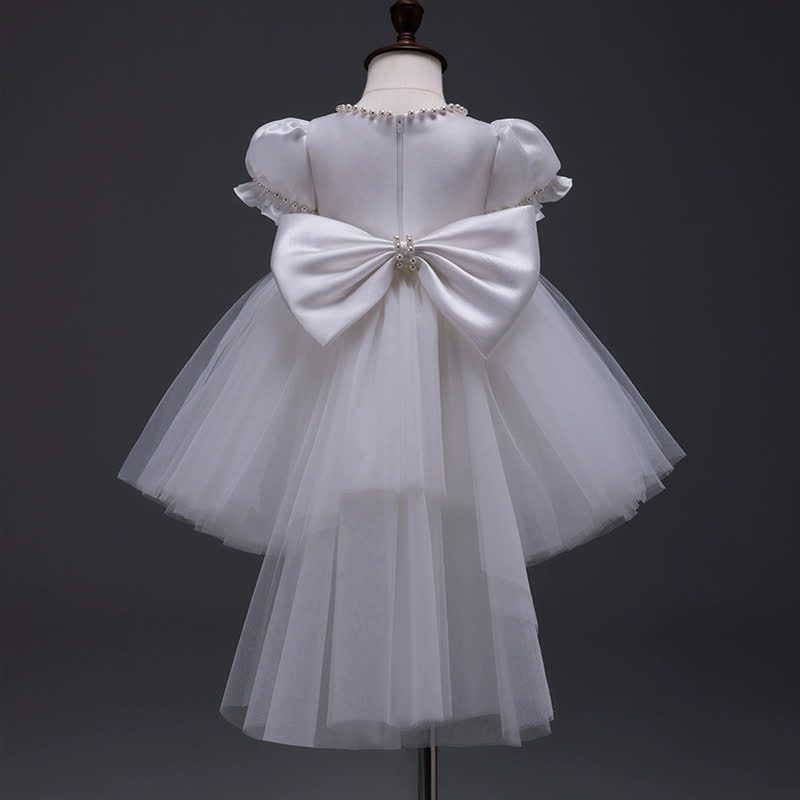 Satin Bow Imitation Pearls Short Sleeve Mid-long Dresses - White - 10-11Y - image 10