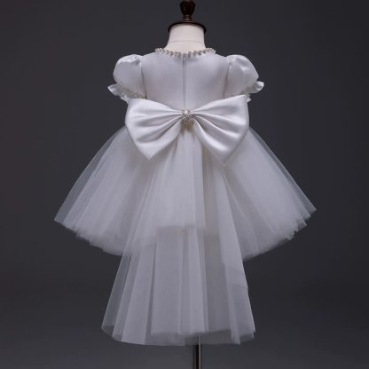 Satin Bow Imitation Pearls Short Sleeve Mid-long Dresses - White - 10-11Y - image 10