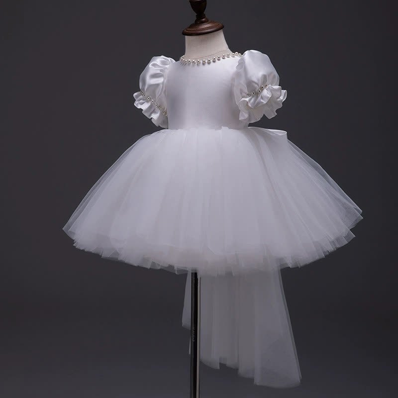 Satin Bow Imitation Pearls Short Sleeve Mid-long Dresses - Backless White - 10-11Y - image 9