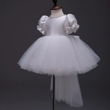 Satin Bow Imitation Pearls Short Sleeve Mid-long Dresses - Backless White - 10-11Y - image 9