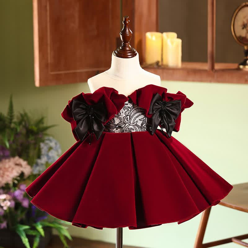 Velvet Lace Bow Short Sleeve Mid-long Dresses - image 2
