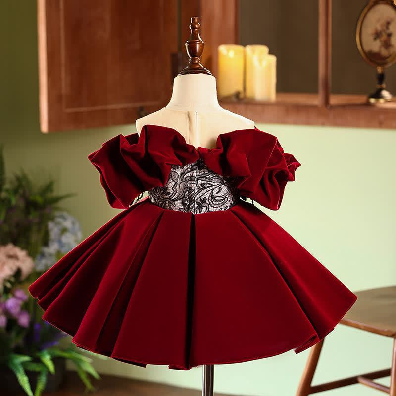 Velvet Lace Bow Short Sleeve Mid-long Dresses - Red - 9-10Y - image 1