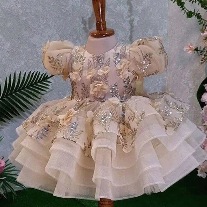 Mesh Bow Rosette Short Sleeve Mid-long Dresses - Beige - 15-16Y - image 1