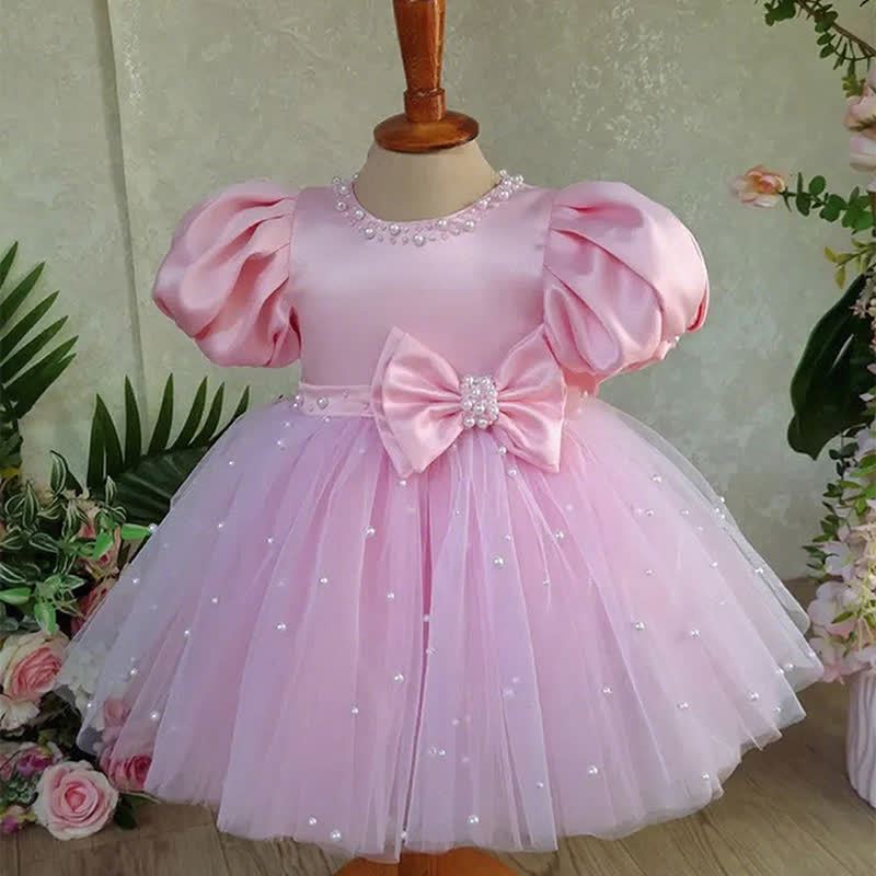 Mesh Bow Imitation Pearls Short Sleeve Mid-long Dresses - image 10