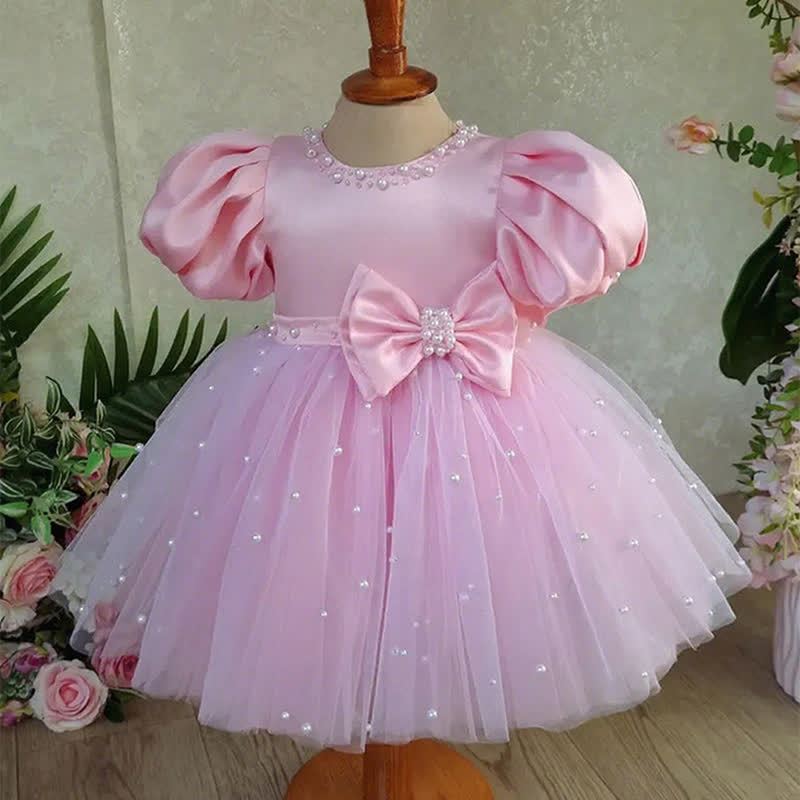 Mesh Bow Imitation Pearls Short Sleeve Mid-long Dresses - image 9