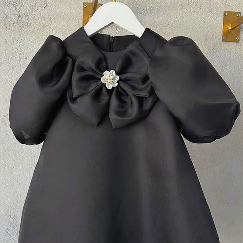 Organza Bow Short Sleeve Mid-long Dresses - Black - 15-16Y - image 9