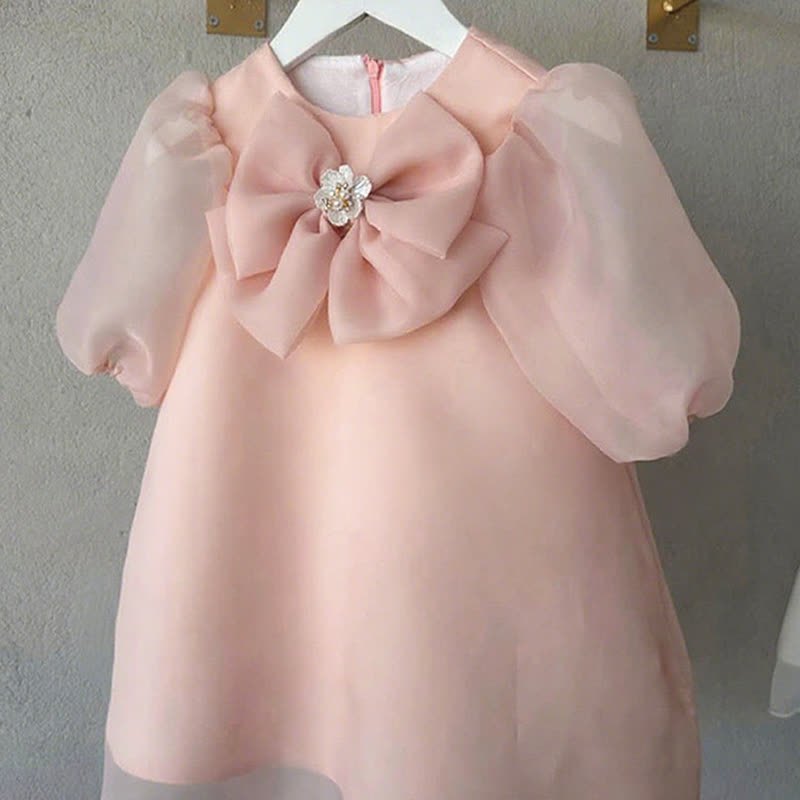 Organza Bow Short Sleeve Mid-long Dresses - Pink - 15-16Y - image 6