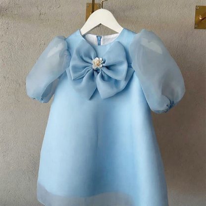 Organza Bow Short Sleeve Mid-long Dresses - Blue - 15-16Y - image 7