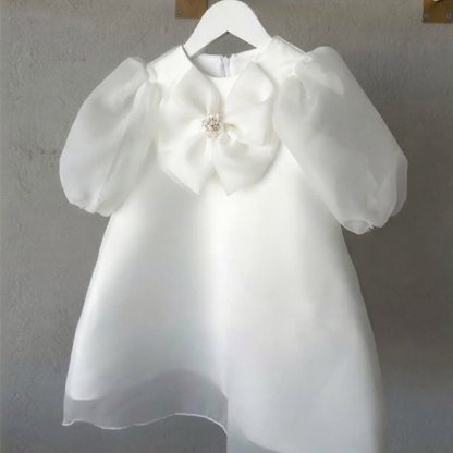 Organza Bow Short Sleeve Mid-long Dresses - White - 15-16Y - image 8