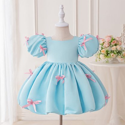 Satin Bow Short Sleeve Mid-long Dresses - Blue - 2-3Y - image 1