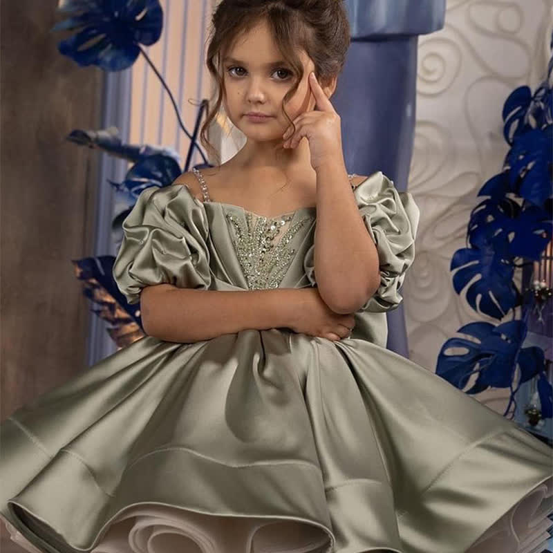 [Archive Sale] Satin Folds Shirred Short Sleeve Mid-long Dresses - Green - 5-6Y【110cm】 - image 1