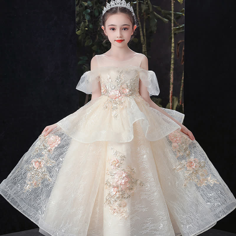 Chemical Fiber Blend Folds Rosette Cap Sleeve Maxi Dresses - Champagne - 15-16Y - image 1