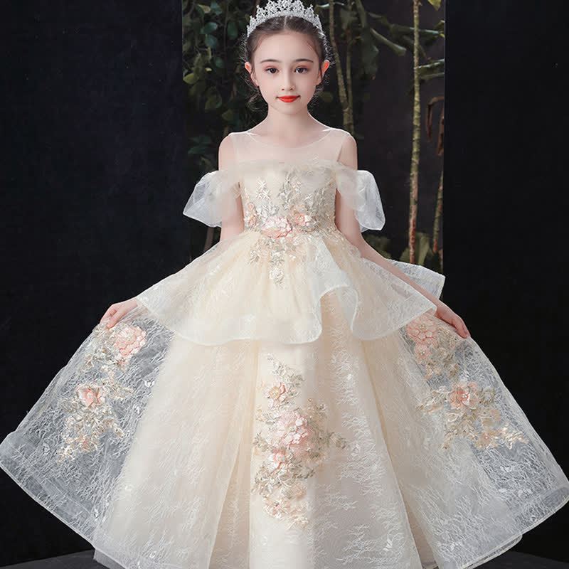 Chemical Fiber Blend Folds Rosette Cap Sleeve Maxi Dresses - Champagne - 15-16Y - image 1