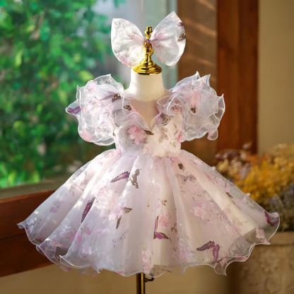 Organza Folds Bow Imitation Pearls Cap Sleeve Mid-long Dresses - Pink&Purple - 9-11Y - image 1