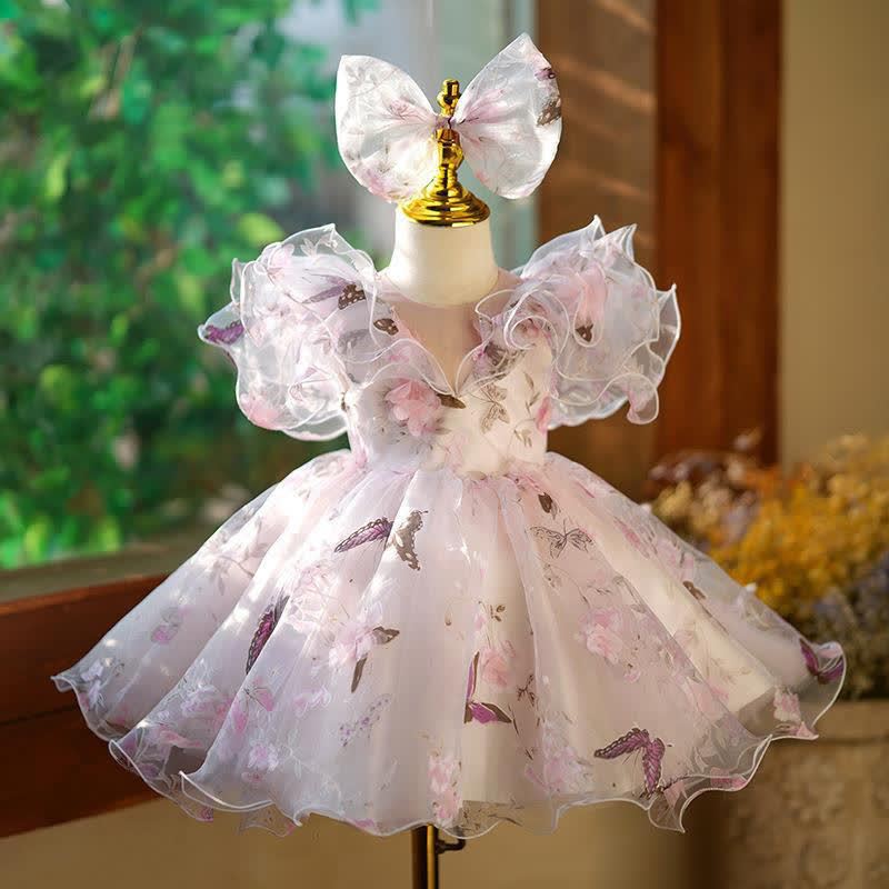 Organza Folds Bow Imitation Pearls Cap Sleeve Mid-long Dresses - Pink&Purple - 9-11Y - image 1