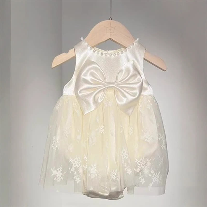 Satin Folds Bow Imitation Pearls Short Sleeve Regular Dresses - Sleeveless Champagne - 9-11Y - image 1