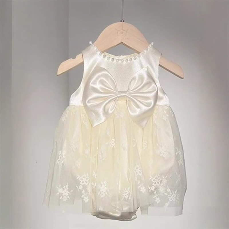 Satin Folds Bow Imitation Pearls Short Sleeve Regular Dresses - Sleeveless Champagne - 9-11Y - image 1