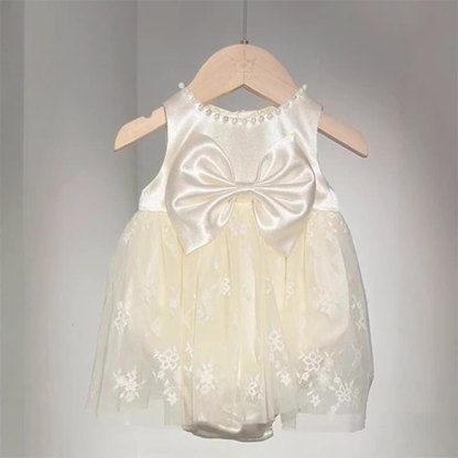Satin Folds Bow Imitation Pearls Short Sleeve Regular Dresses - Sleeveless Champagne - 9-11Y - image 1