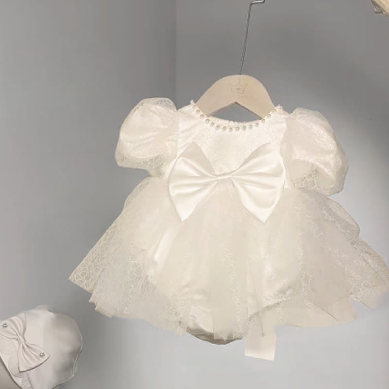 Satin Folds Bow Imitation Pearls Short Sleeve Regular Dresses - Short Champagne - 9-11Y - image 3