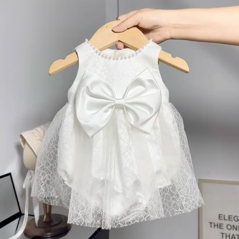 Satin Folds Bow Imitation Pearls Short Sleeve Regular Dresses - Sleeveless White - 9-11Y - image 5