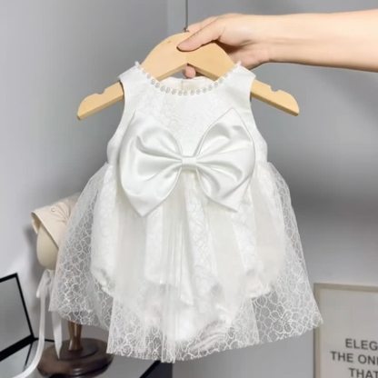 Satin Folds Bow Imitation Pearls Short Sleeve Regular Dresses - Sleeveless White - 9-11Y - image 5