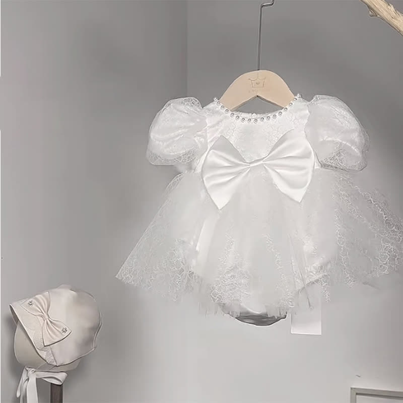 Satin Folds Bow Imitation Pearls Short Sleeve Regular Dresses - Short White - 9-11Y - image 6