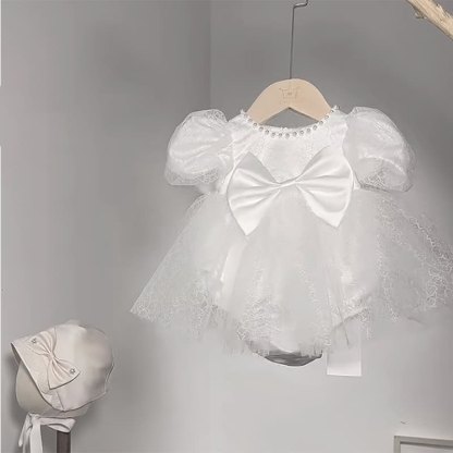 Satin Folds Bow Imitation Pearls Short Sleeve Regular Dresses - Short White - 9-11Y - image 6