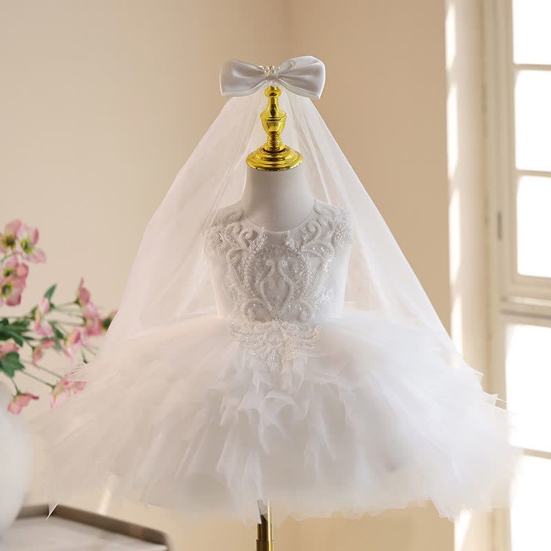 Mesh Folds Bow Lace Sleeveless Mid-long Dresses - White - 9-11Y - image 1