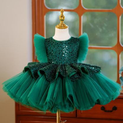 Mesh Folds Sequins Sleeveless Mid-long Dresses - Green - 9-11Y - image 1