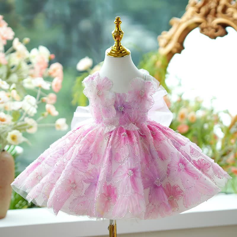 Mesh Bow Imitation Pearls Gallus Mid-long Dresses - Pink&Purple - 9-11Y - image 1