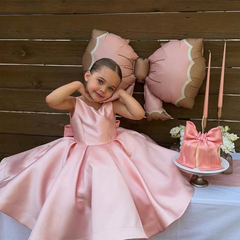 Satin Bow Sleeveless Mid-long Dresses - Pink - 6Y - image 10