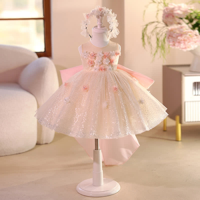 pink glitter bow dress Pink/Iridescent Sequins V Back & Bow Plus Size Girls Dress 16.5 / Pink/Iridescent