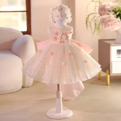 Glitter Bow Rosette Sleeveless Midi Dresses - Champagne Pink - 15-16Y - image 1