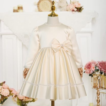 Chemical Fiber Blend Bow Imitation Pearls Long Sleeve Mid-long Dresses - Champagne - 13-14Y - image 1