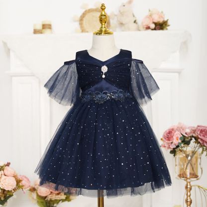 Mesh Lace Glitter Short Sleeve Mid-long Dresses - Royal Blue - 13-14Y - image 34