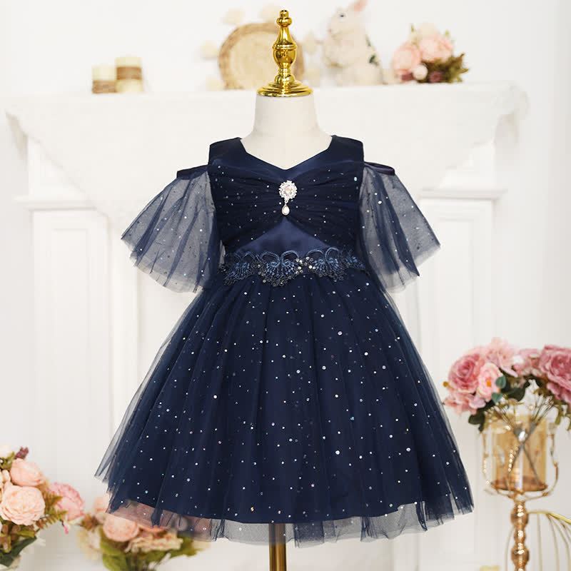 [Archive Sale] Mesh Lace Glitter Short Sleeve Mid-long Dresses - Royal Blue - 5-6Y - image 1