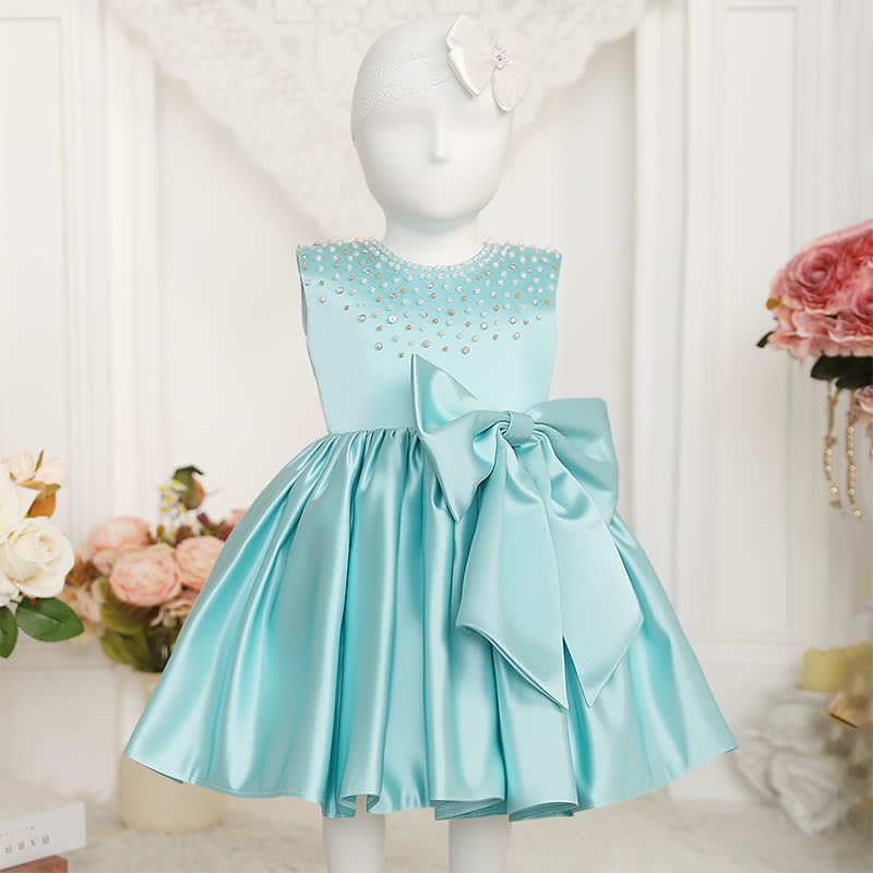 Chemical Fiber Blend Imitation Pearls Bow Sleeveless Mid-long Dresses - Green - 9-10Y - image 12