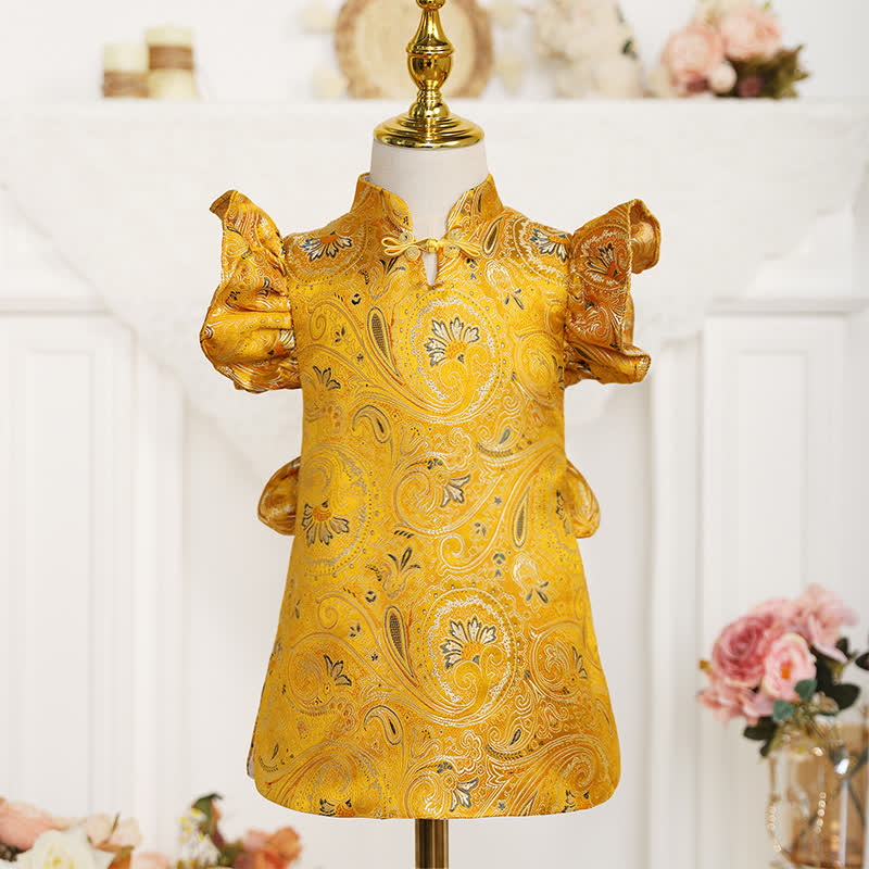 Acetate Jacquard Flouncing Cap Sleeve Midi Dresses - Yellow - 4-5Y - image 1