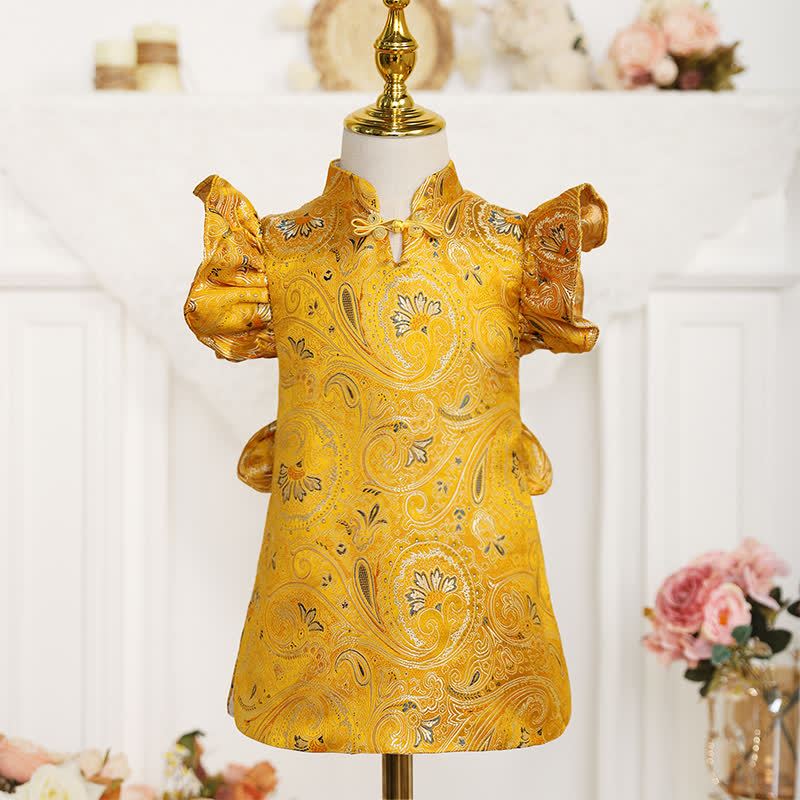 Acetate Jacquard Flouncing Cap Sleeve Midi Dresses - Yellow - 4-5Y - image 1