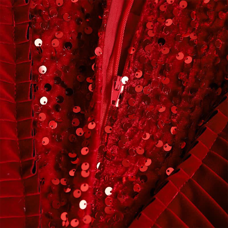 Velvet Sequins Flouncing Half Sleeve Mid-long Dresses - image 17