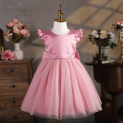 Mesh Bow Sleeveless Midi Dresses - Pink - 9Y - image 1