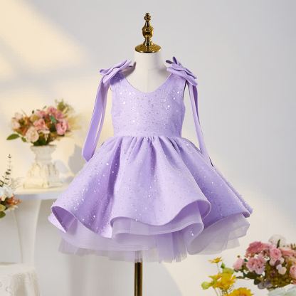 Chemical Fiber Blend Bow Sequins Sleeveless Mid-long Dresses - Purple - 15-16Y - image 9