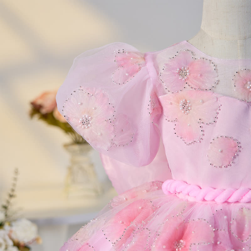 Mesh Bow Imitation Pearls Short Sleeve Mid-long Dresses - image 3