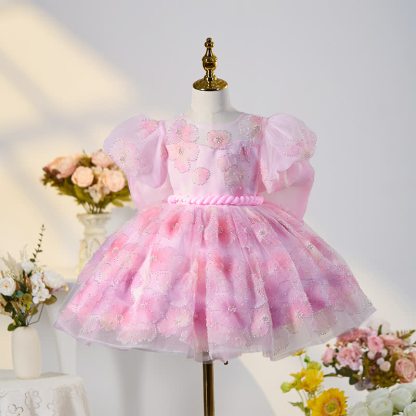 Mesh Bow Imitation Pearls Short Sleeve Mid-long Dresses - Pink - 15-16Y - image 1