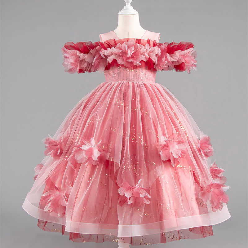 [Archive Sale] Mesh Rosette Sleeveless Mid-long Dresses - Red - 5-6Y【130cm】 - image 1