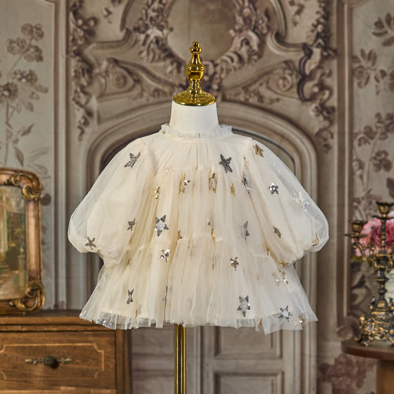 Mesh Embroidery Long Sleeve Midi Dresses - Beige - 6-7Y - image 1