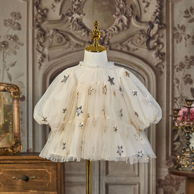 Mesh Embroidery Long Sleeve Midi Dresses - Beige - 6-7Y - image 1