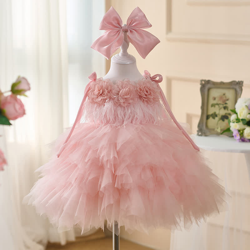 Corduroy Split Joint Rosette Feather-trimmed Sleeveless Midi Dresses - Pink - 14-15Y - image 1