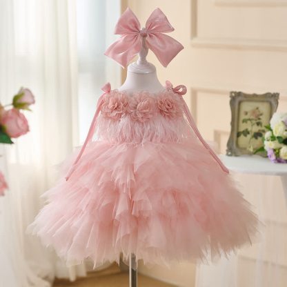 Corduroy Split Joint Rosette Feather-trimmed Sleeveless Midi Dresses - Pink - 14-15Y - image 1