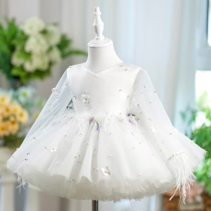 Mesh Embellished Feather-trimmed Long Sleeves Midi Dresses - image 2